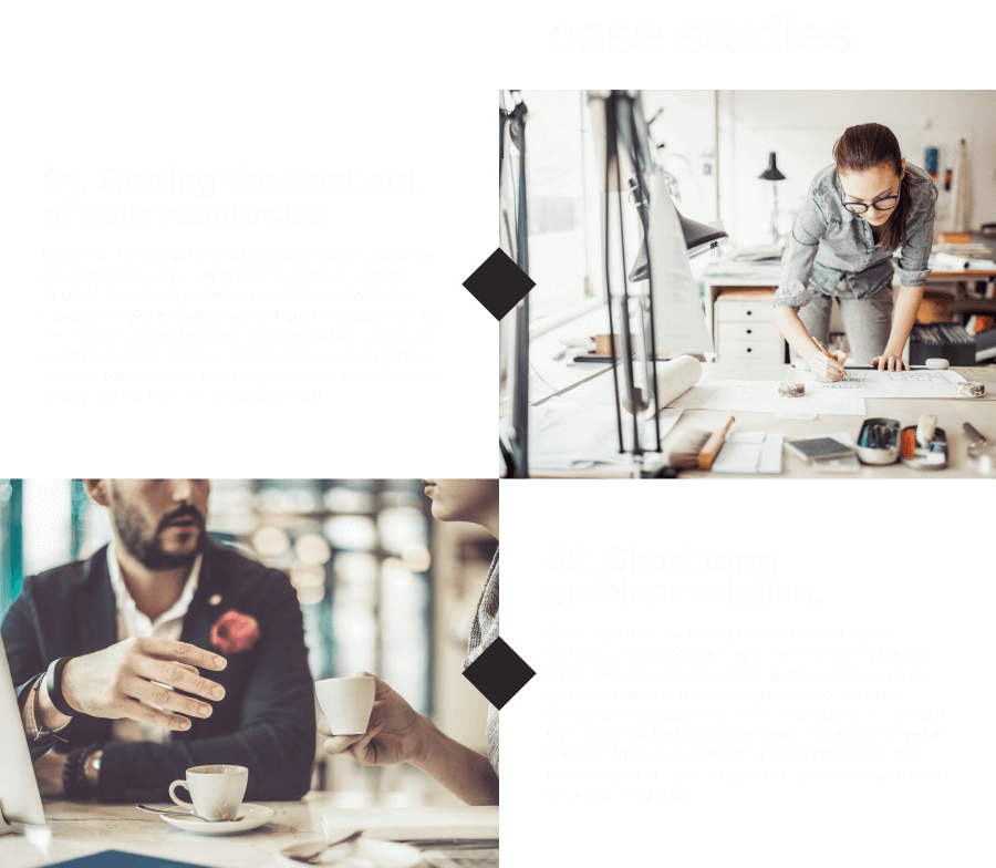 case studies 01. Getting the best out of your resources. Sarah runs a successful boutique advertising agency. After winning a big new client the agency needed to scale their team quickly to meet the substantial increase in work. Expressway Studio helped prioritise the incoming brief between creative opportunities and immediate executions in order to free up the existing team to work on a re-branding exercise while the day-to-day work continued to be delivered. 02. Short term problem solution. Brian, Head of Marketing with a franchise cafe company, had a problem with his internal marketing team. Two long term staff left suddenly leaving him shorthanded with a back log of work to get done. While he engaged a recruitment company to find new staff, Expressway Studio stepped in to keep the work flowing. When the new staff started six weeks later everything was up to date, allowing them time to settle in to their new roles.